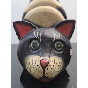Vintage Hand Carved Wooden Black Striped Cat Tabletop/Desk Organizer 3 Tiered